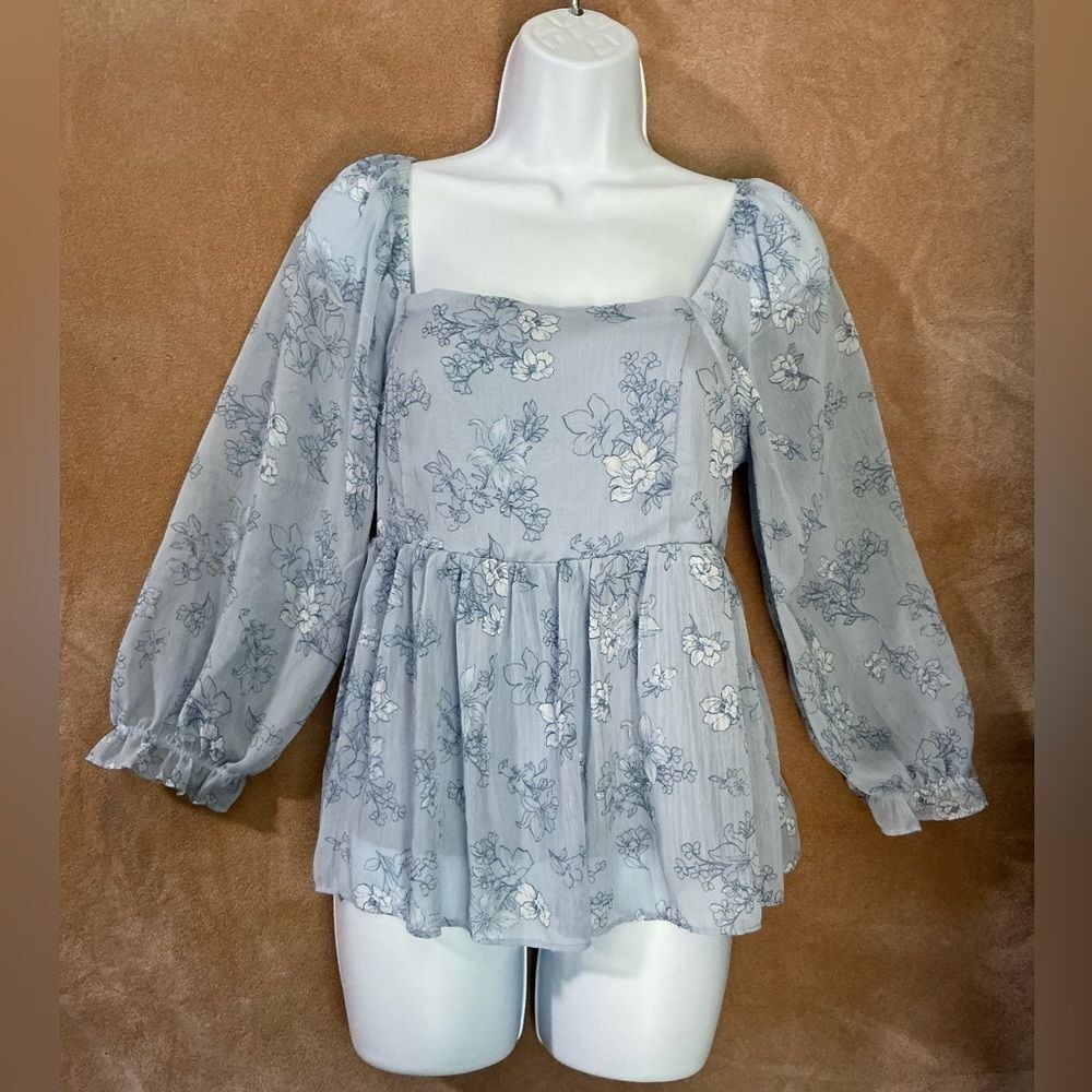 Pink Rose Light Blue‎ Floral Blouse large